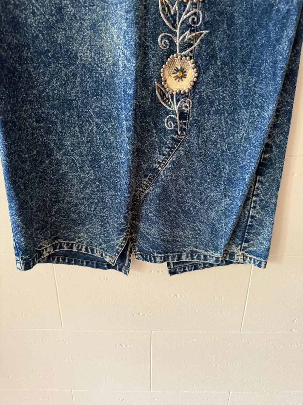 Vintage 80s Acid Wash Embroidered Floral Front Denim Midi Skirt | Small - Picture 4 of 16